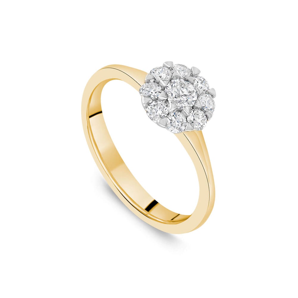 18ct Yellow Gold 0.56ct Round Flower Cluster Diamond Polished Band Engagement Ring image number 0