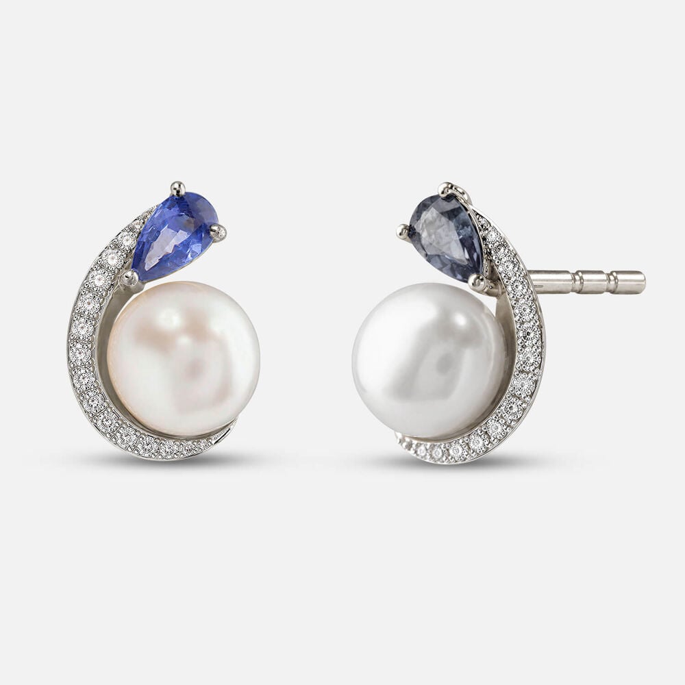 9ct White Gold Freshwater Pearl Sapphire 0.11ct Diamond Curl Earrings