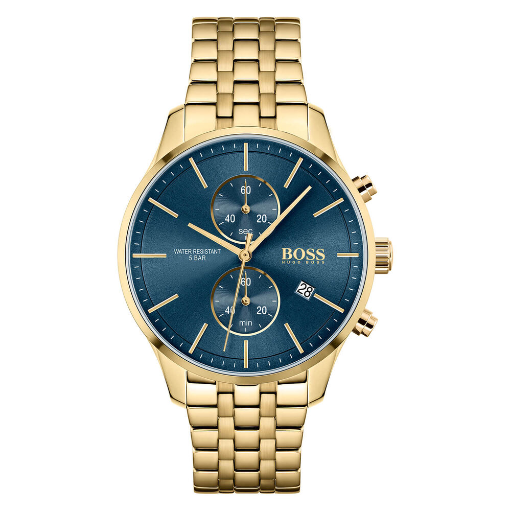Hugo BOSS Associate 42mm Blue Dial Chronograph Yellow Gold IP Case Bracelet Watch