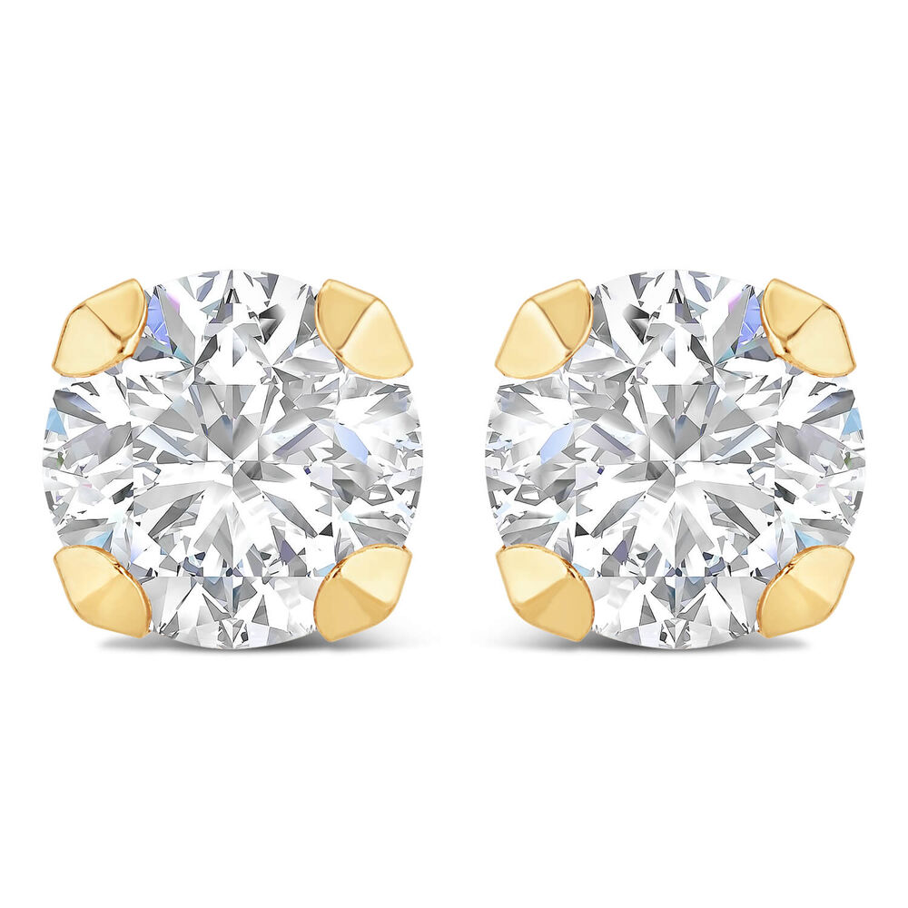 9ct Yellow Gold 7mm Four Claw Cubic Zirconia Stud Earrings