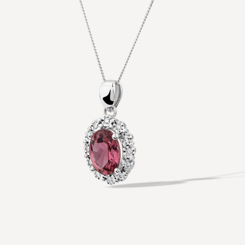 9ct White Gold Oval Pink Tourmaline Centre 0.05ct Diamond Cluster Pendant