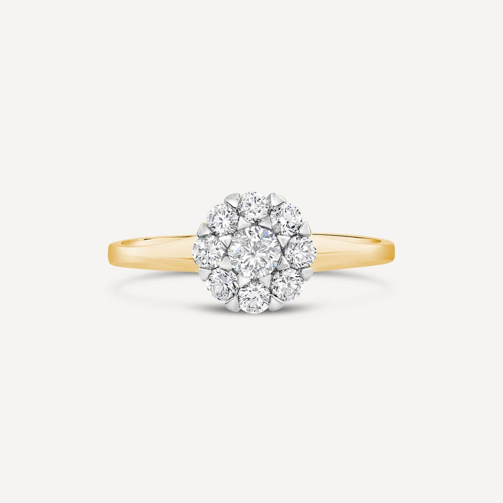 18ct Yellow Gold 0.56ct Round Flower Cluster Diamond Polished Band Engagement Ring