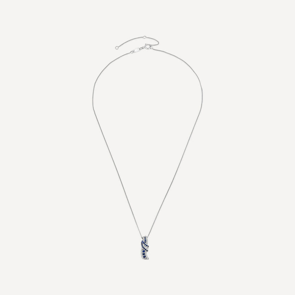 9ct White Gold Sapphire & 0.13ct Diamond Baguette Centre Wave Pendant image number 2