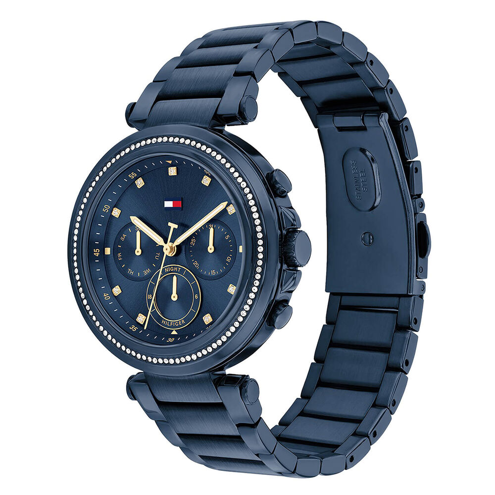 Tommy Hilfiger Chronograph 38mm Blue Dial Cubic Zirconia Set Bezel Steel Bracelet Watch image number 1