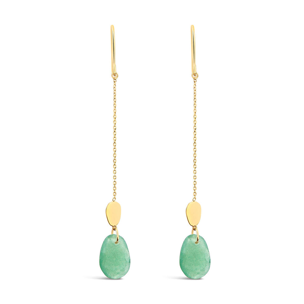 9ct Yellow Gold Polished Disc & Aventurine Verde Green Pebble Drop Earrings image number 0