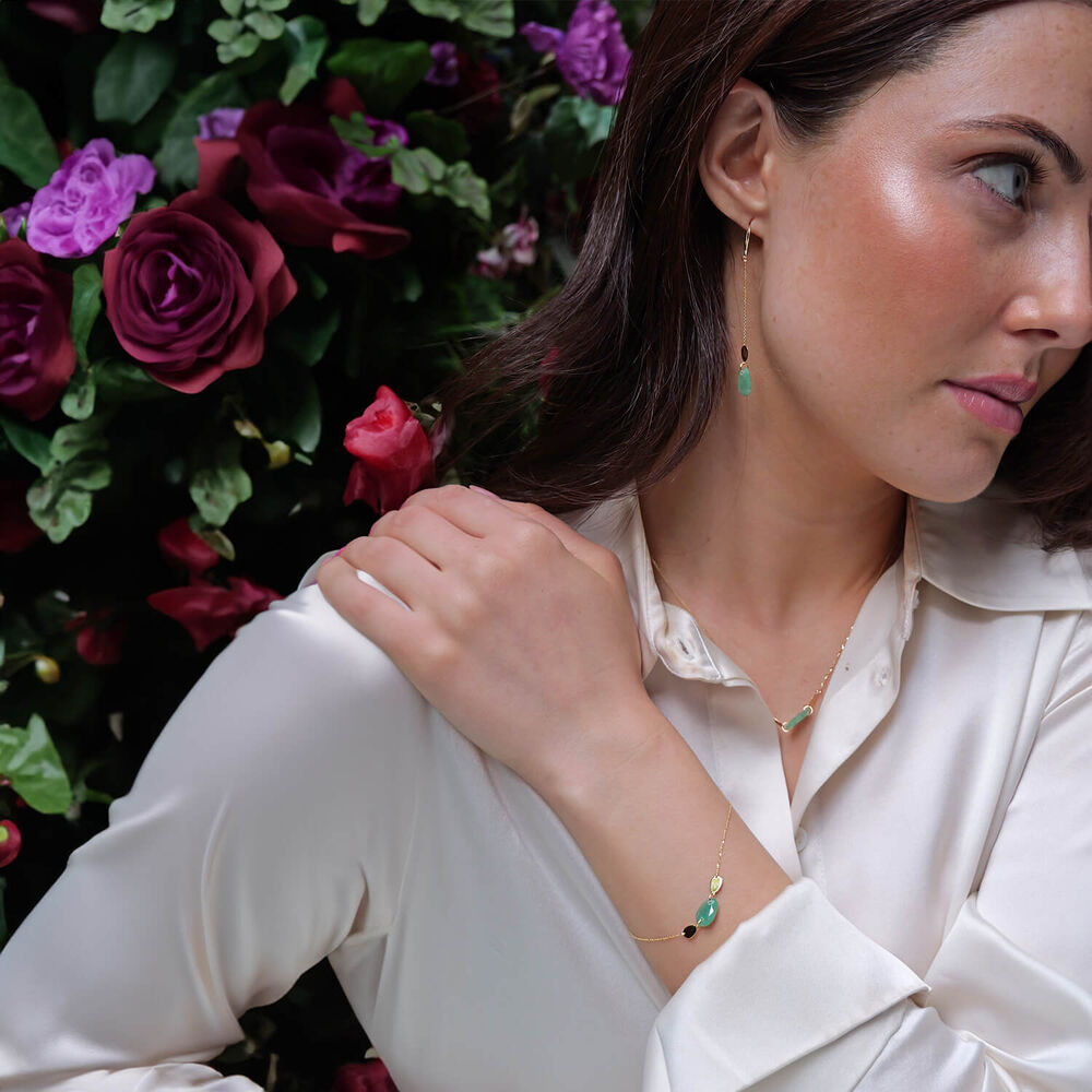 9ct Yellow Gold Polished Disc & Aventurine Verde Green Pebble Drop Earrings image number 2