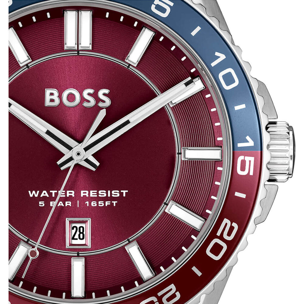 BOSS Runner 43mm Burgundy Dial Bezel Stainless Steel Bracelet Watch image number 3