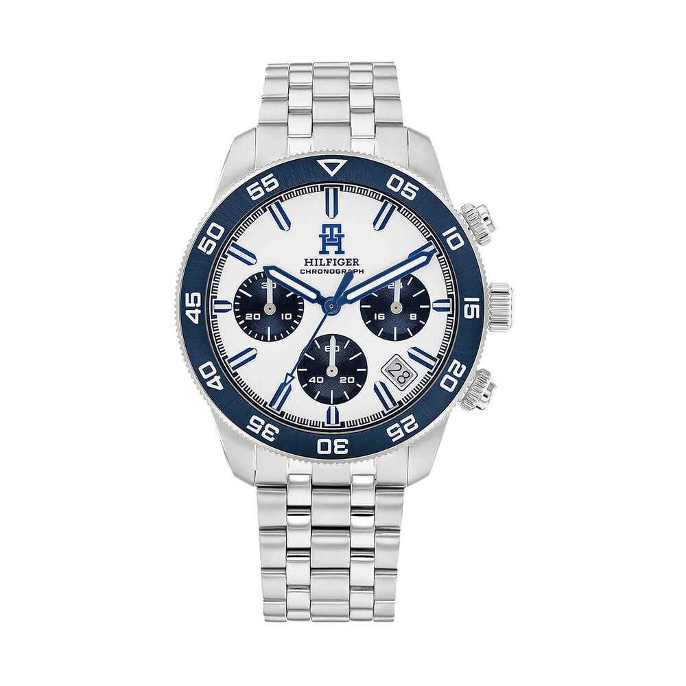 Tommy Hilfiger 41mm White Dial Blue Bezel Stainless Steel Bracelet Watch