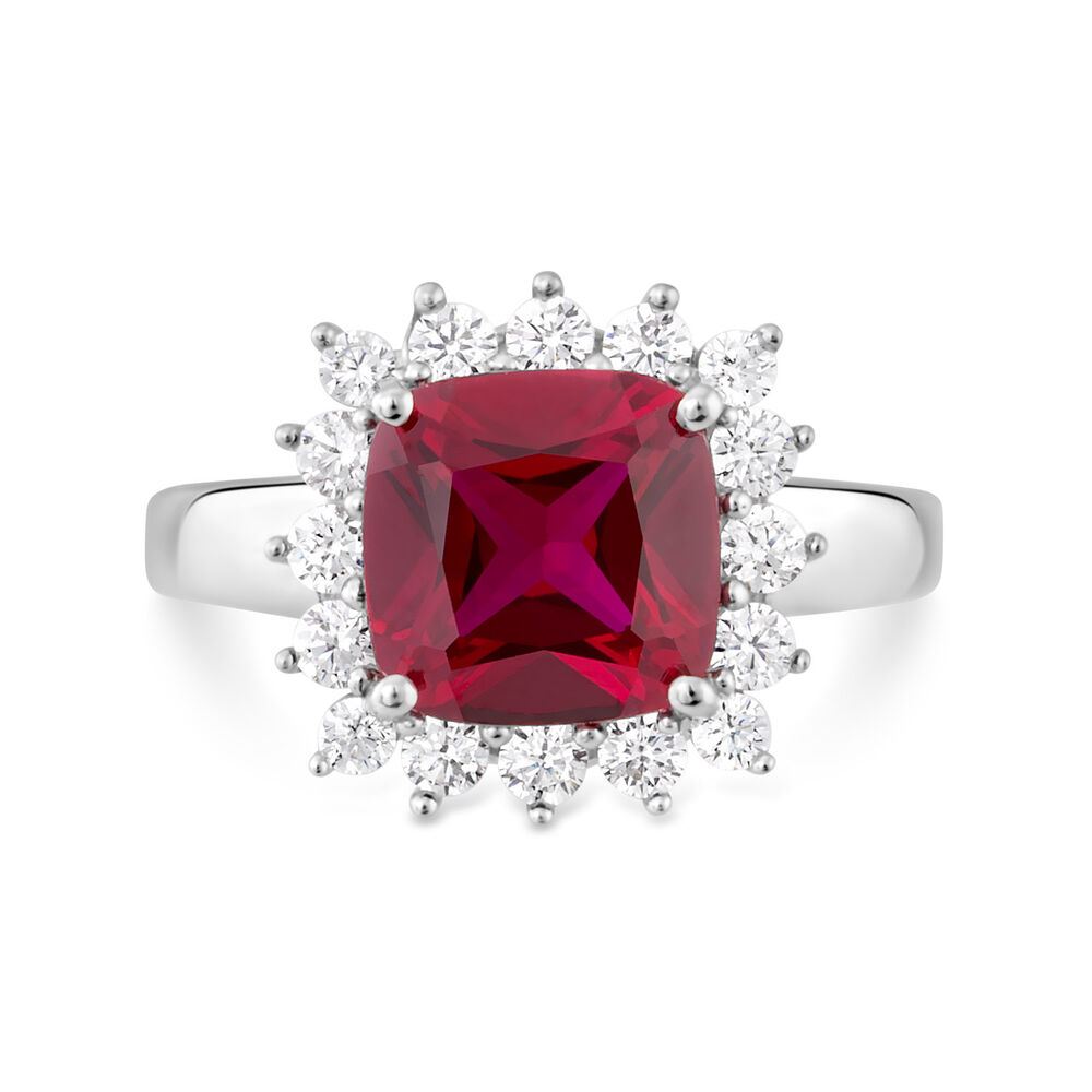9ct White Gold Cushion Created Ruby And Cubic Zirconia Ring image number 2
