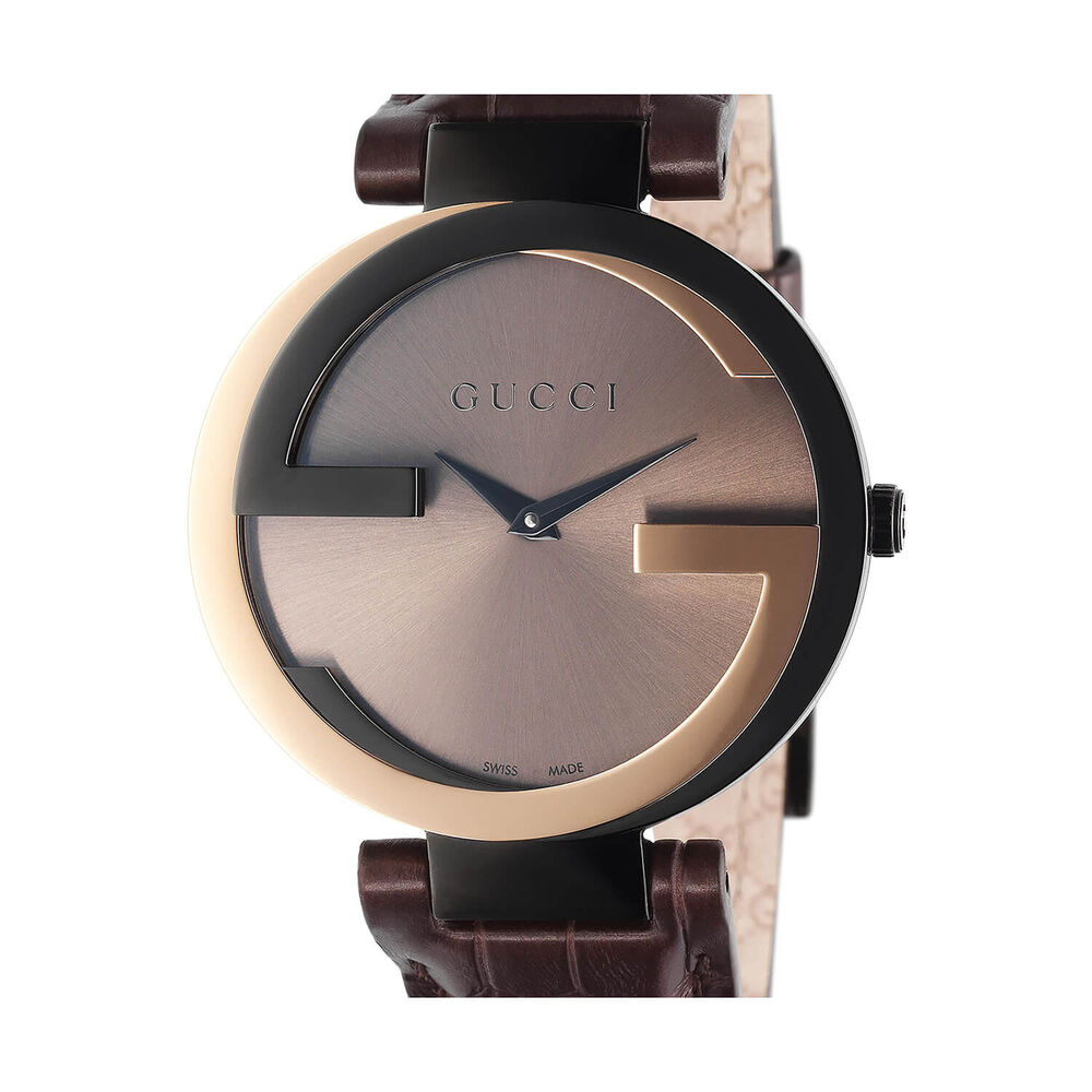 Pre-Owned Gucci Interlocking 37mm Brown Dial Leather Strap Watch image number 3