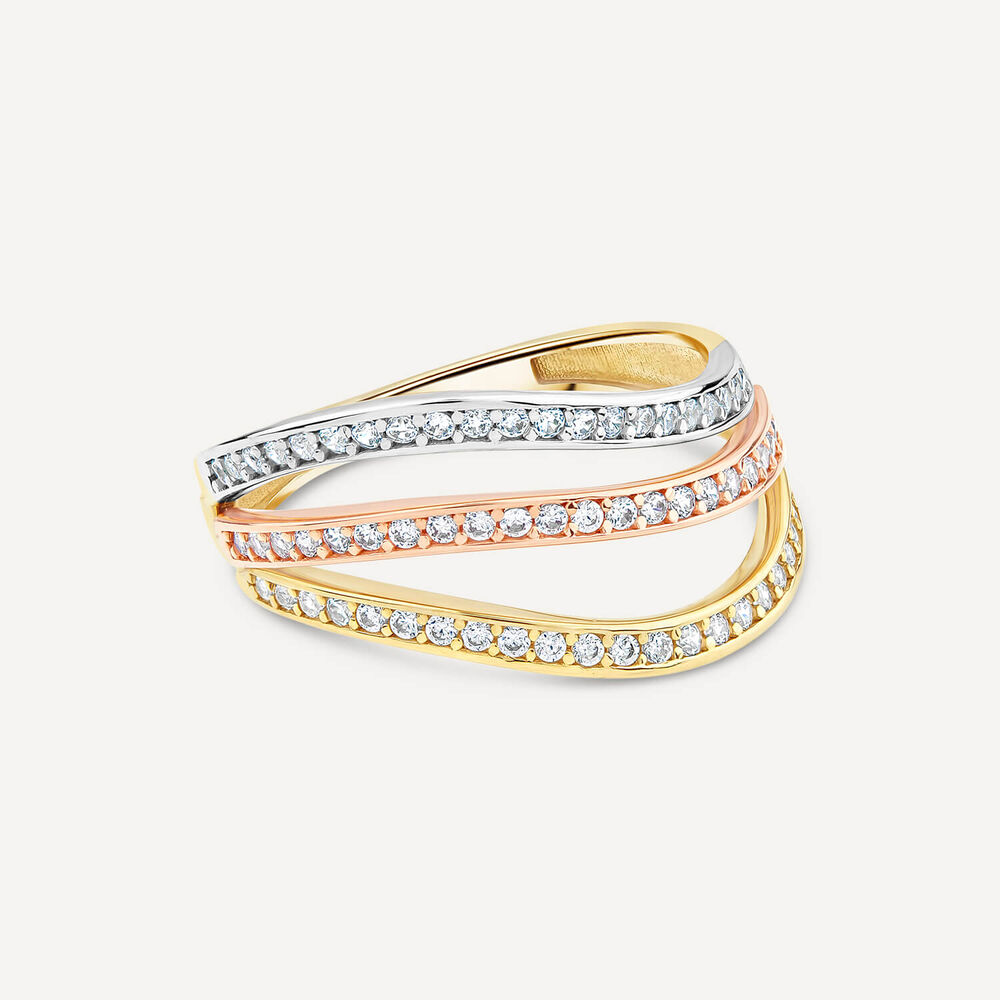 9ct Three Colour Gold Cubic Zirconia Set Three Strands Band Ring image number 2