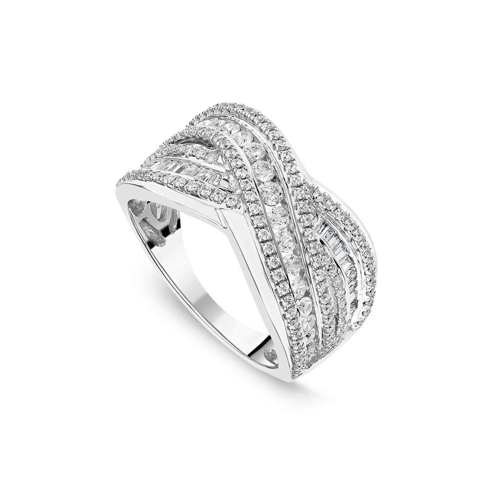 Platinum 1.00ct Round & Baguette Diamond Crossover Band Ring