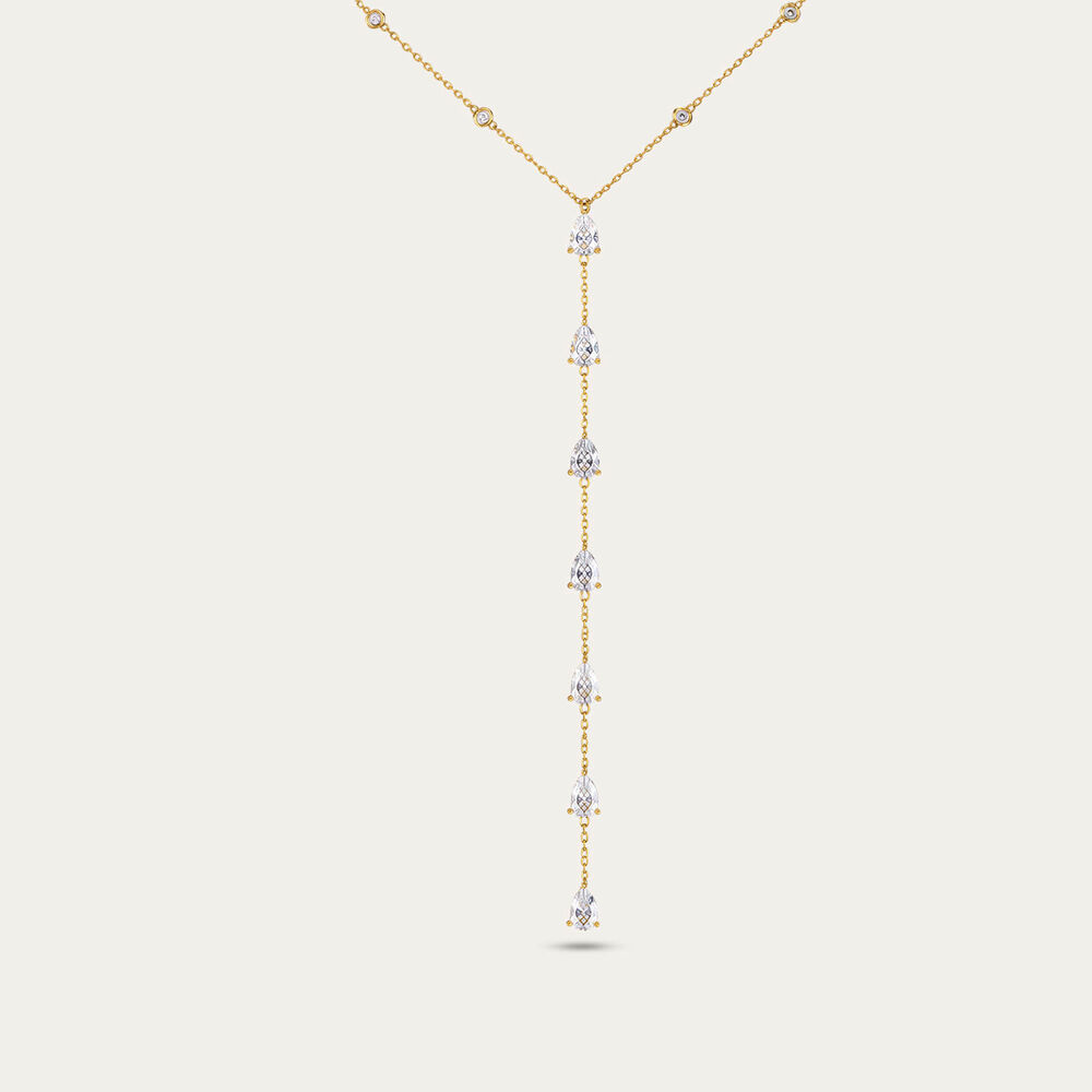 Yellow Gold Plated Sterling Silver Pear Cubic Zirconia Y Drop Necklet