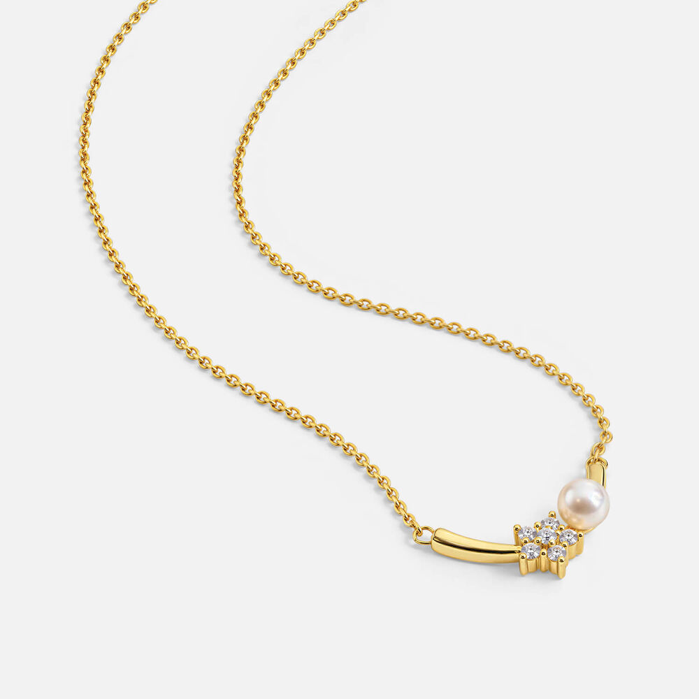 Yellow Gold Plated Sterling Silver Cubic Zirconia Flower & Pearl Bar Necklet