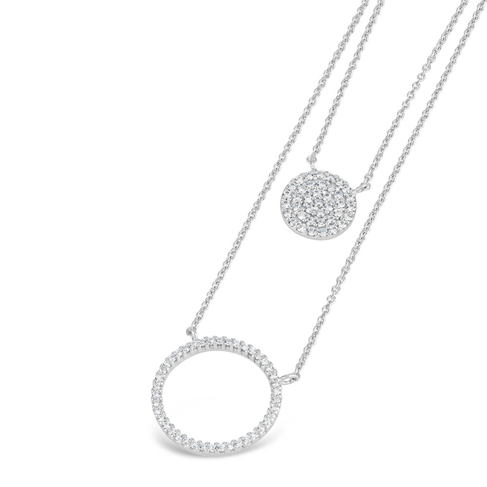 Sterling Silver Cubic Zirconia Circle Disc Double Chain Necklet image number 1
