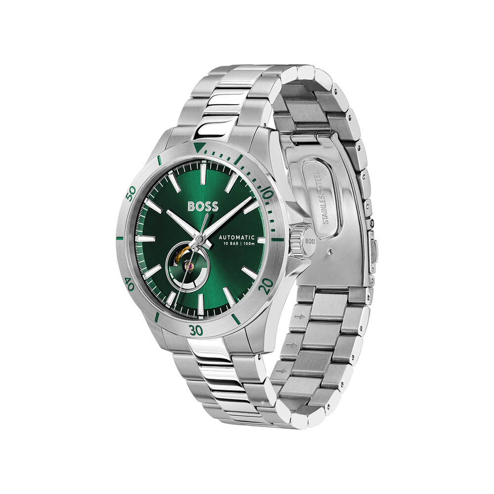 BOSS Troper Automatic 42mm Green Open Heart Dial Steel Bracelet Watch image number 2