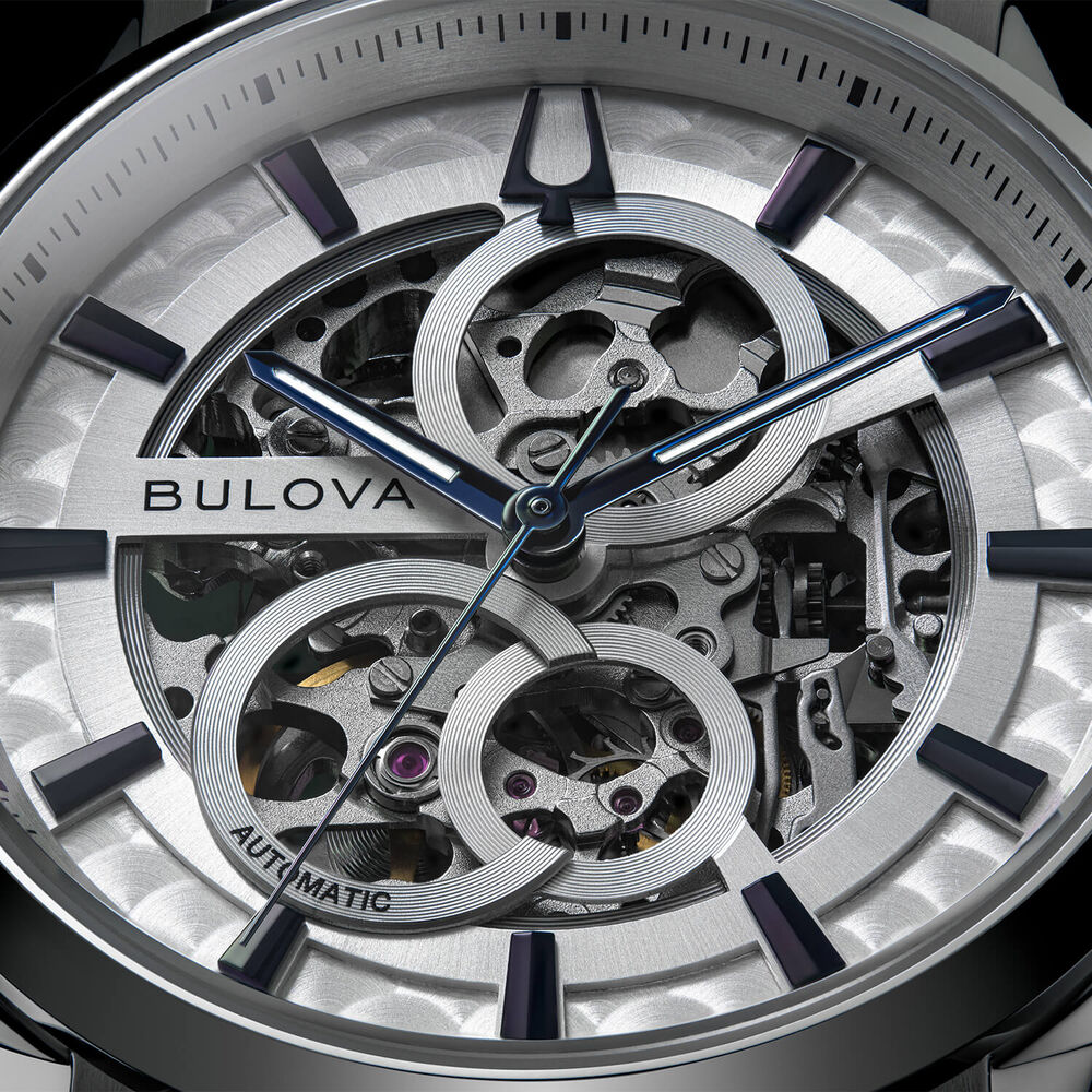 Bulova Sutton Automatic 40mm Silver Skeleton Dial Blue Leather Strap Watch