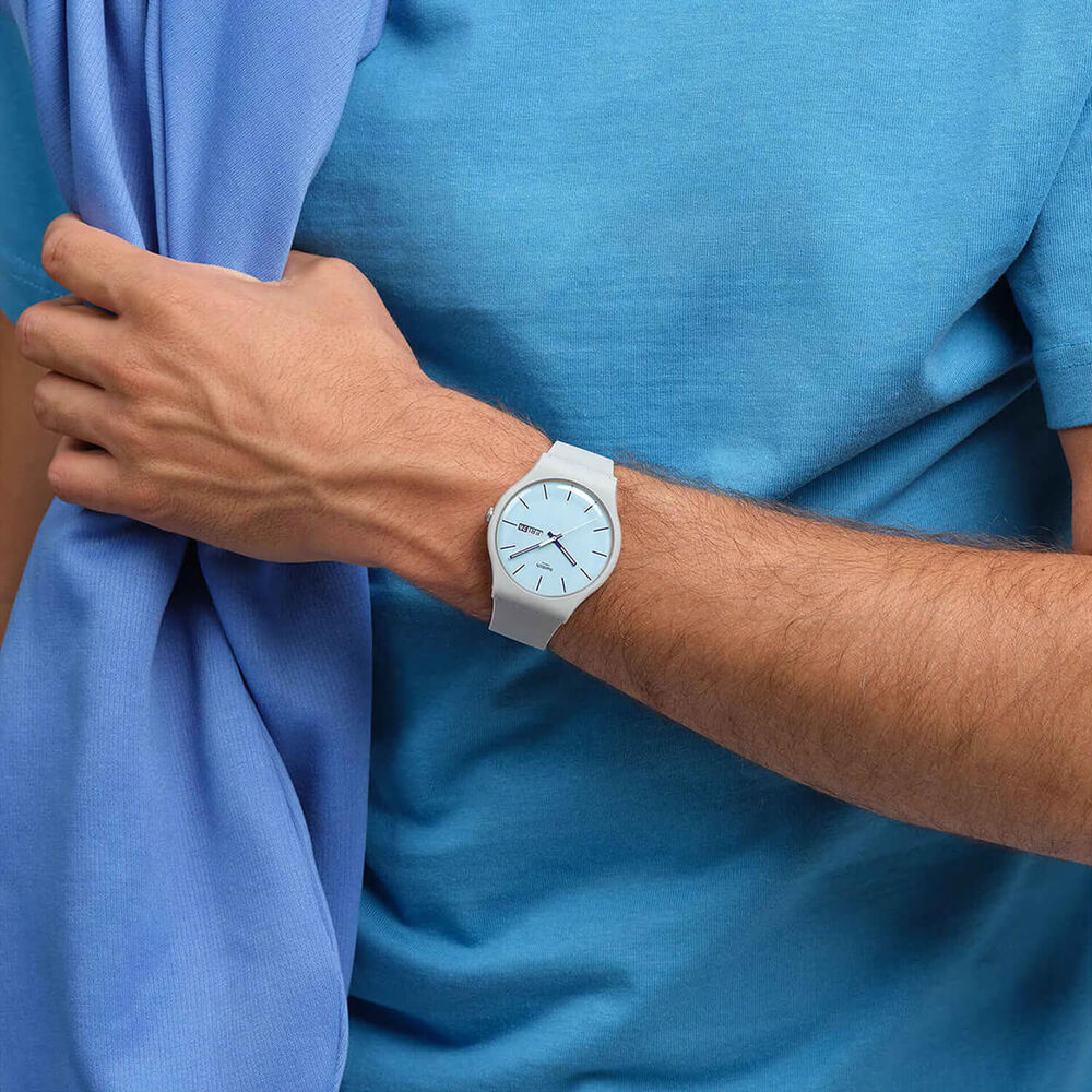 Swatch Blueberry Sky 41mm Light Blue Dial Grey Silicone Strap Watch image number 4