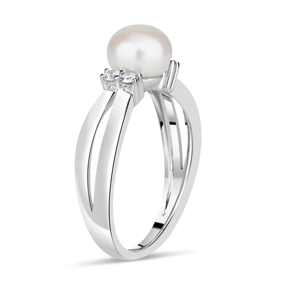 Sterling Silver Pearl and Cubic Zirconia Split Shoulder Ring image number 6