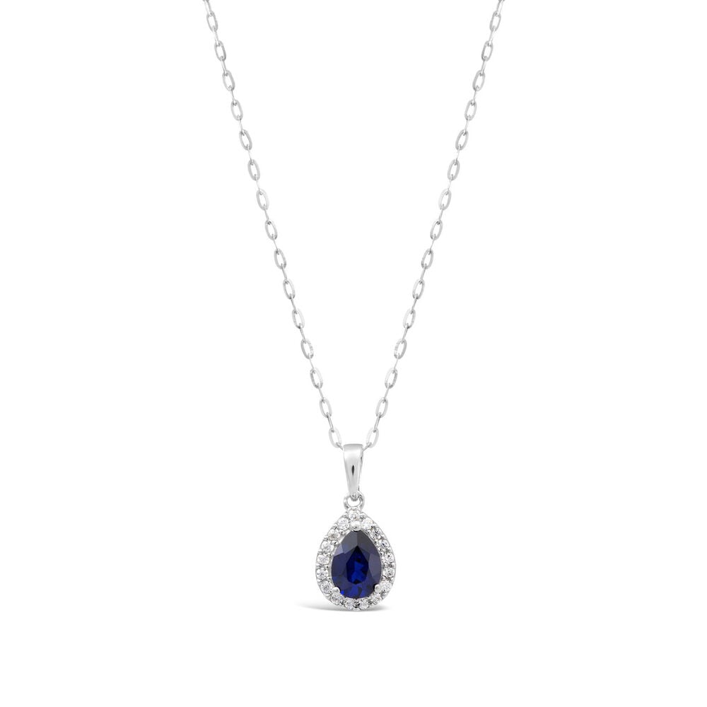 9ct White Gold Pear Created Sapphire and Cubic Zirconia Pendant (Chain Included)