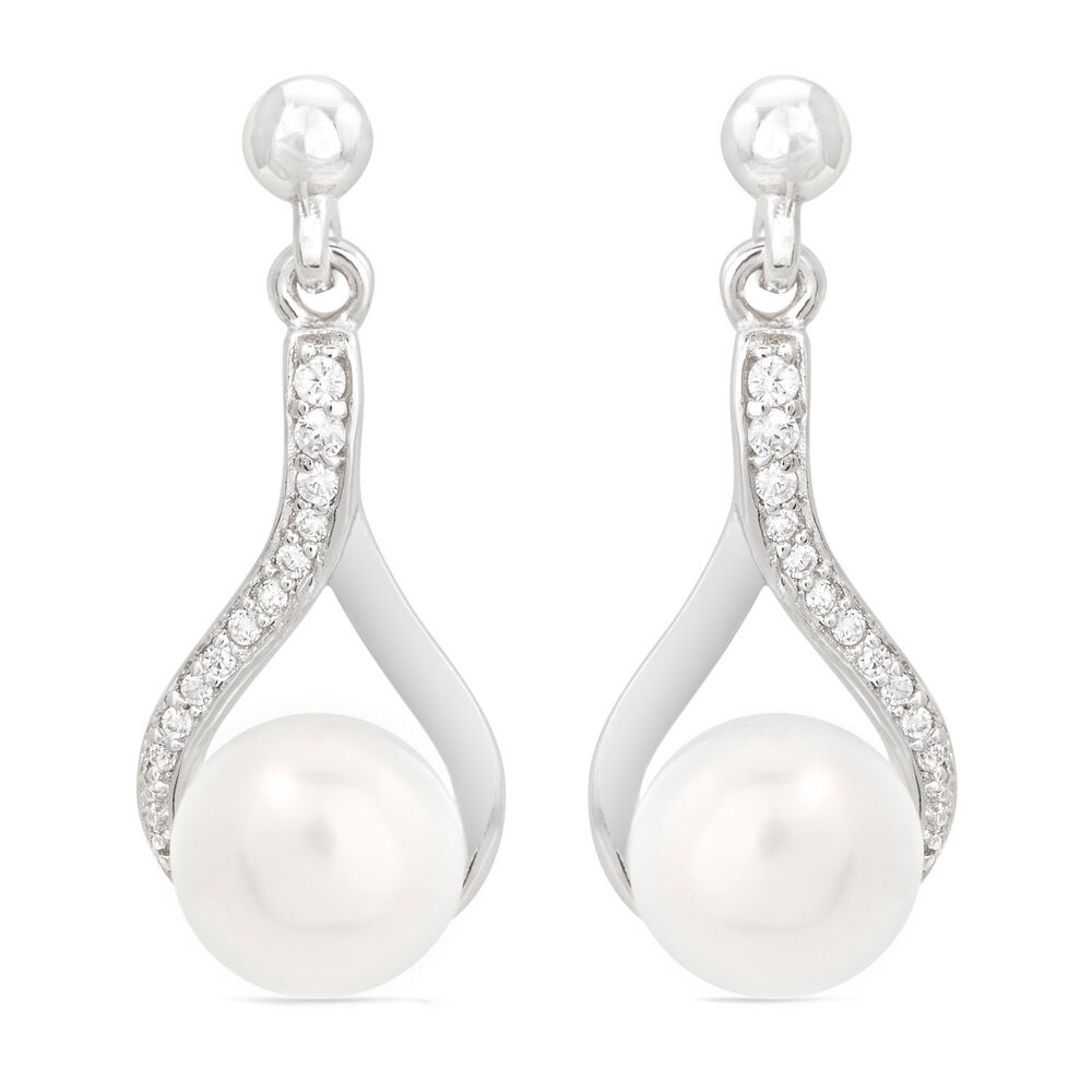 Ladies Sterling Silver with Cubic Zirconia and Freshwater Pearl Twist Top Drop Earrings image number 0