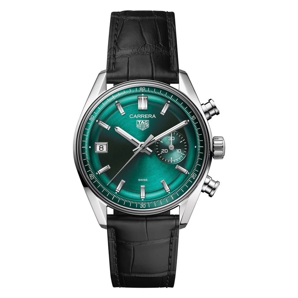 TAG Heuer Carrera Chronograph 39mm Green Dial Black Leather Strap Watch image number 0