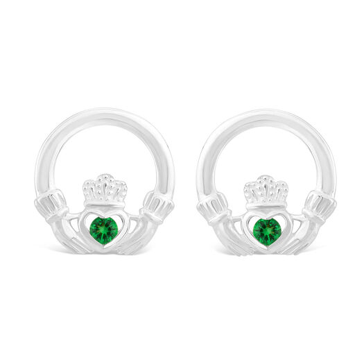 Celtic Claddagh Sterling Silver & Green Cubic Zirconia Earrings