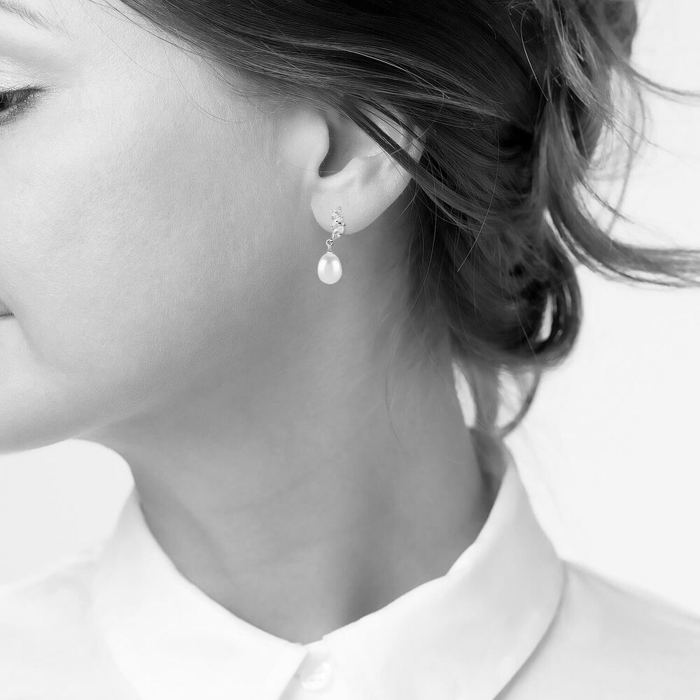 Sterling Silver Three Marquise Cubic Zirconia 3 With forwarding Pearl Drop Earrings image number 6
