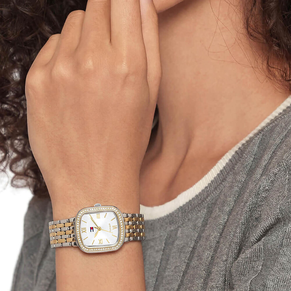 Tommy Hilfiger 24x22.5mm Silver Dial Crystal Bezel Two Tone Steel Bracelet Watch