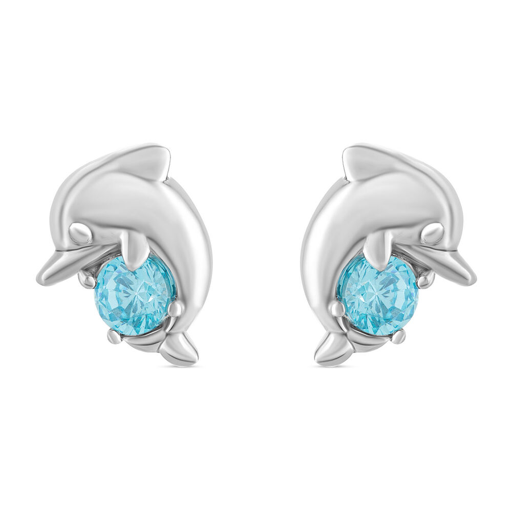 Little Treasure Sterling Silver Blue Crystal Dolphin Stud Earrings image number 0