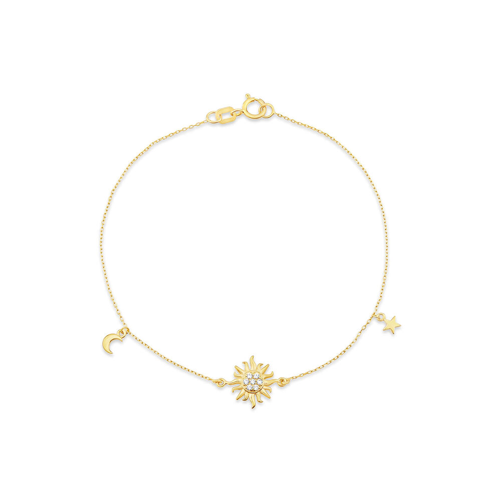 9ct Yellow Gold Cubic Zirconia Sun & Moon & Star Chain Bracelet