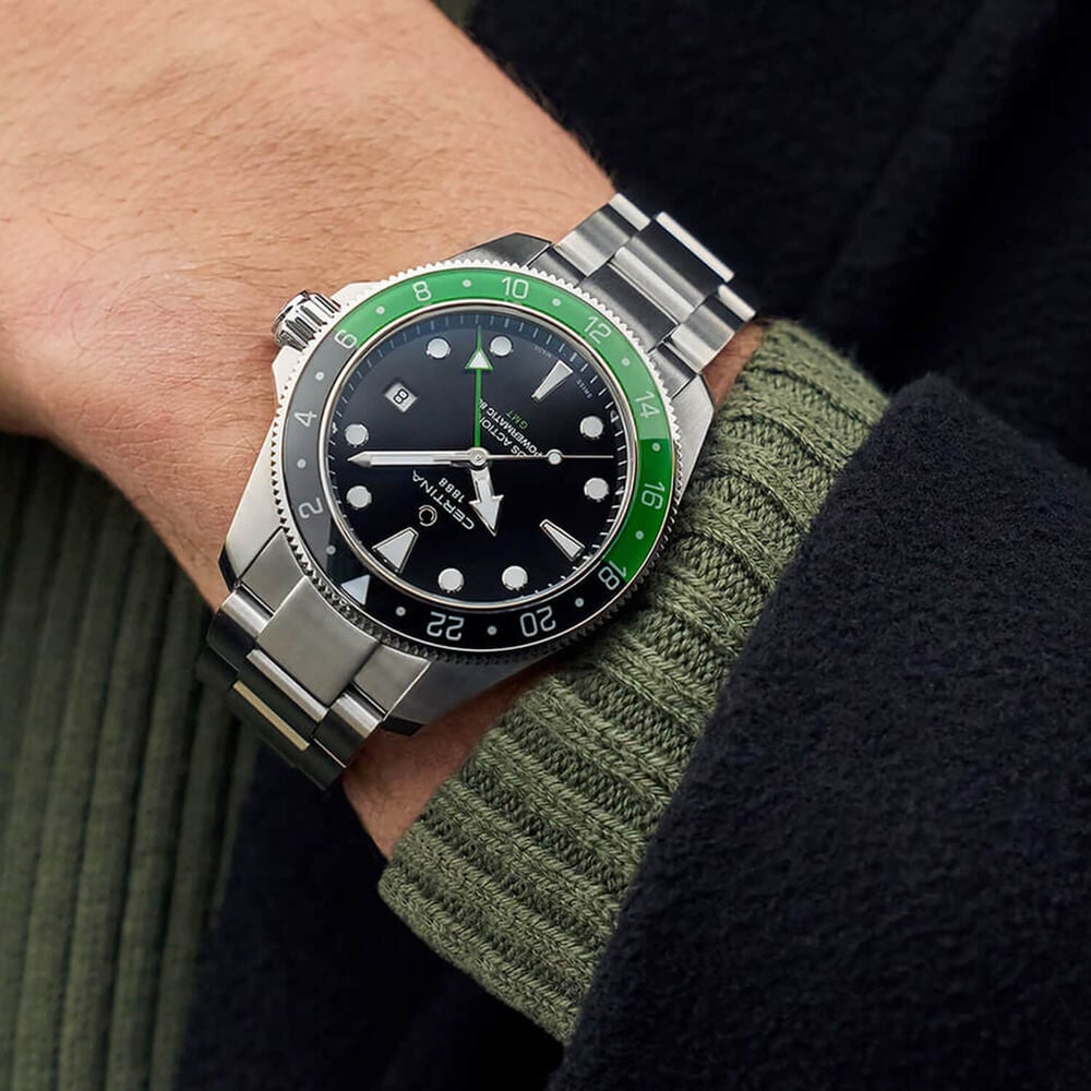 Certina DS Action GMT Powermatic 80 41mm Black Dial Green & Black Bezel Steel Bracelet Watch image number 5