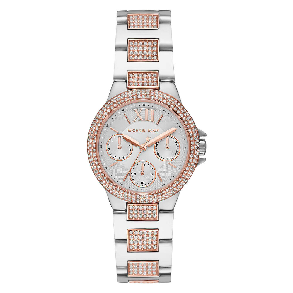 Michael Kors Camille 33mm Silver Dial Cubic Zirconia Set bezel Rose Gold &  Bracelet Watch image number 0