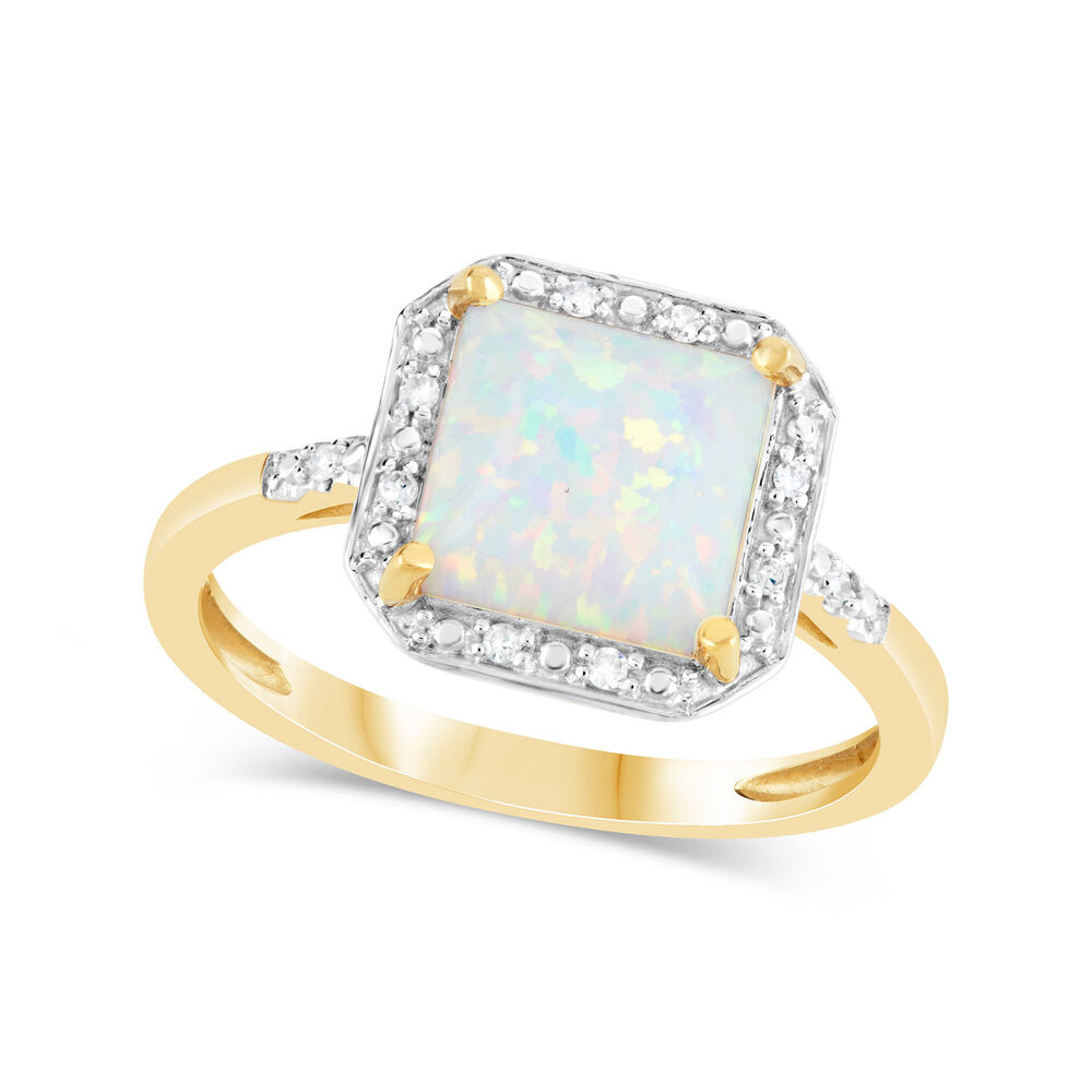 9ct Yellow Gold 0.028ct Diamond and Square Opal Ring