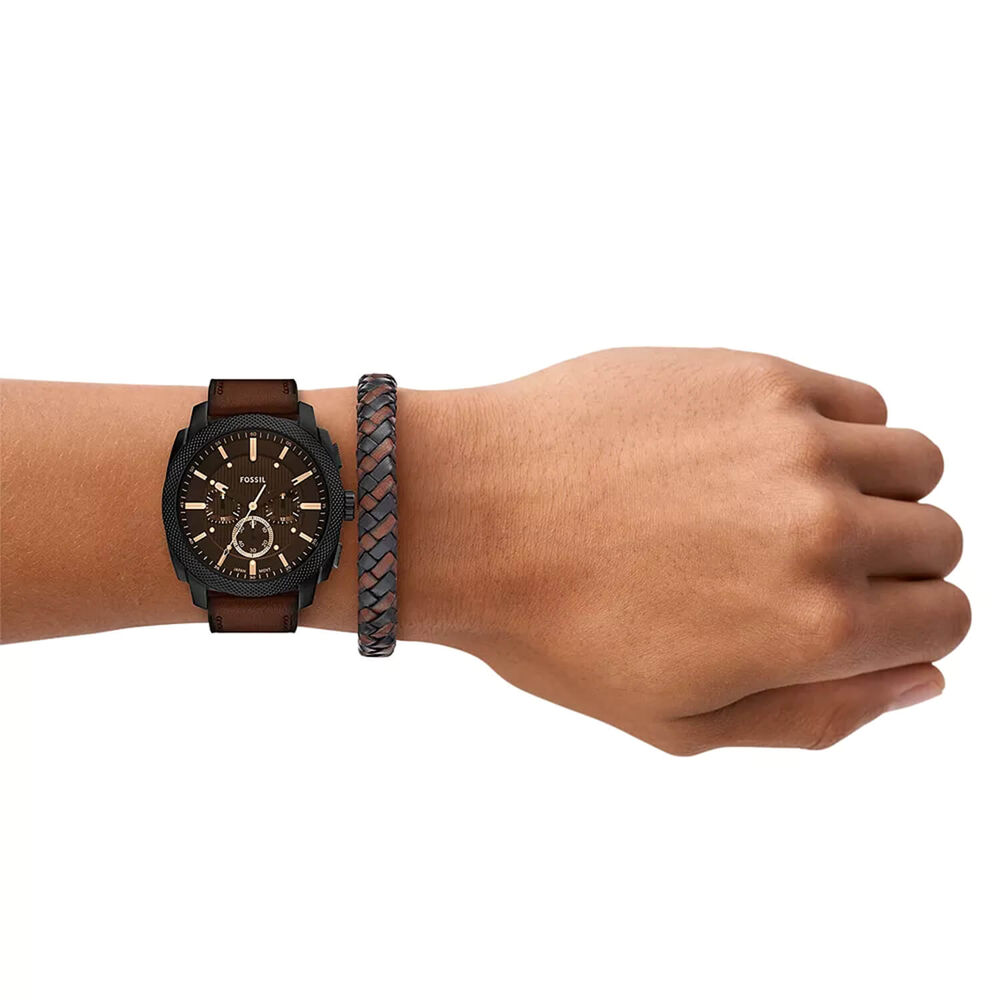 Fossil Machine Chronograph 44mm Black Dial Brown Leather Strap Watch & Braided Bracelet Set image number 3