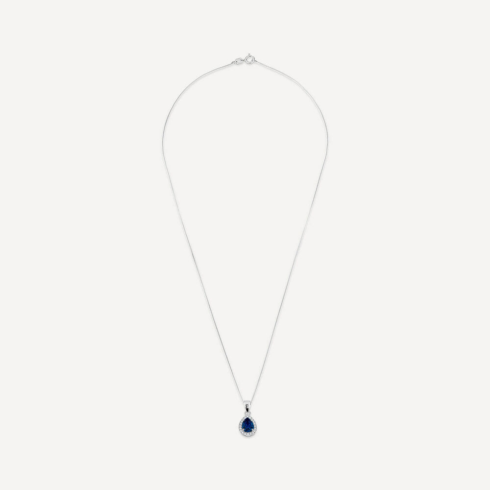 9ct White Gold Created Pear Sapphire & Cubic Zirconia Pendant image number 2