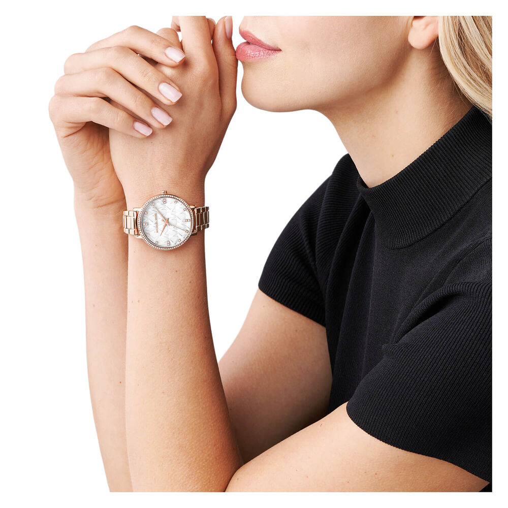Michael Kors Pyper 39mm White MK Dial Cubic Zirconia Set Bezel Rose Gold IP Case Bracelet Watch