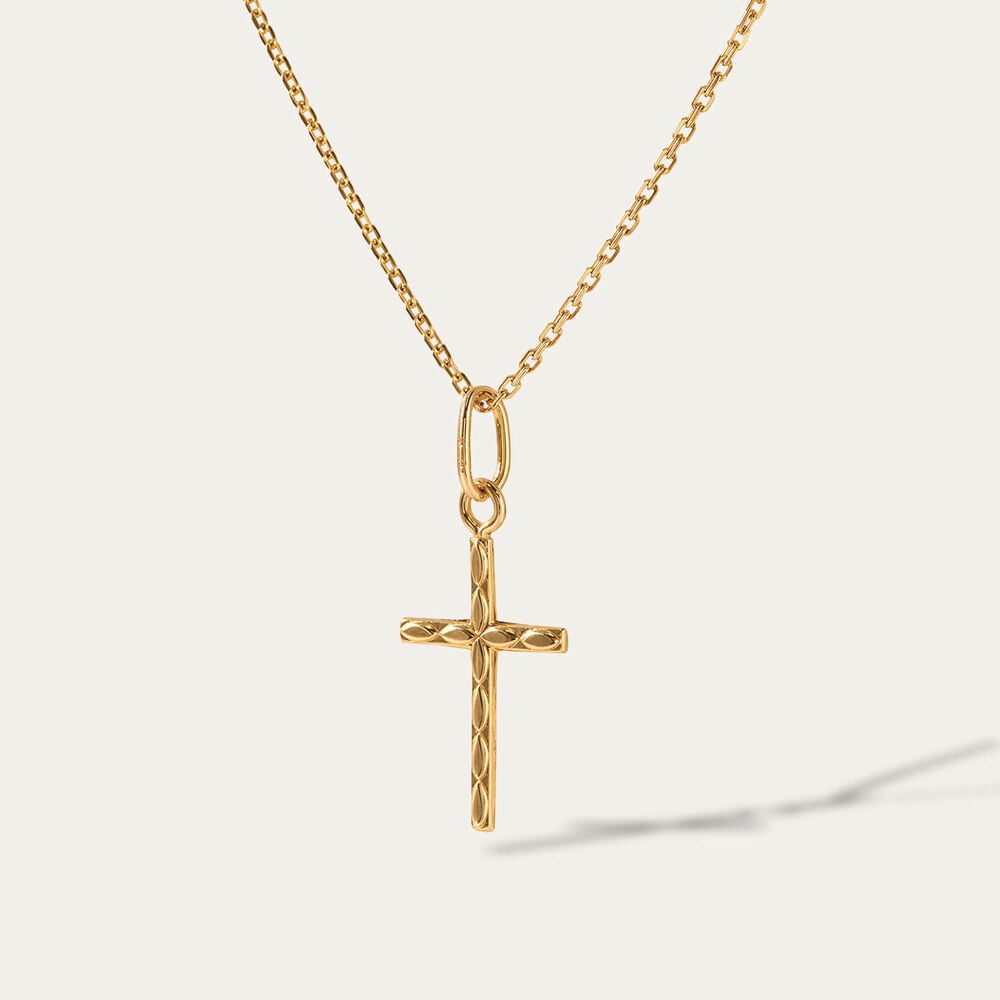 Yellow Gold Plated Sterling Silver Patterned Cross Pendant (Chain Included)