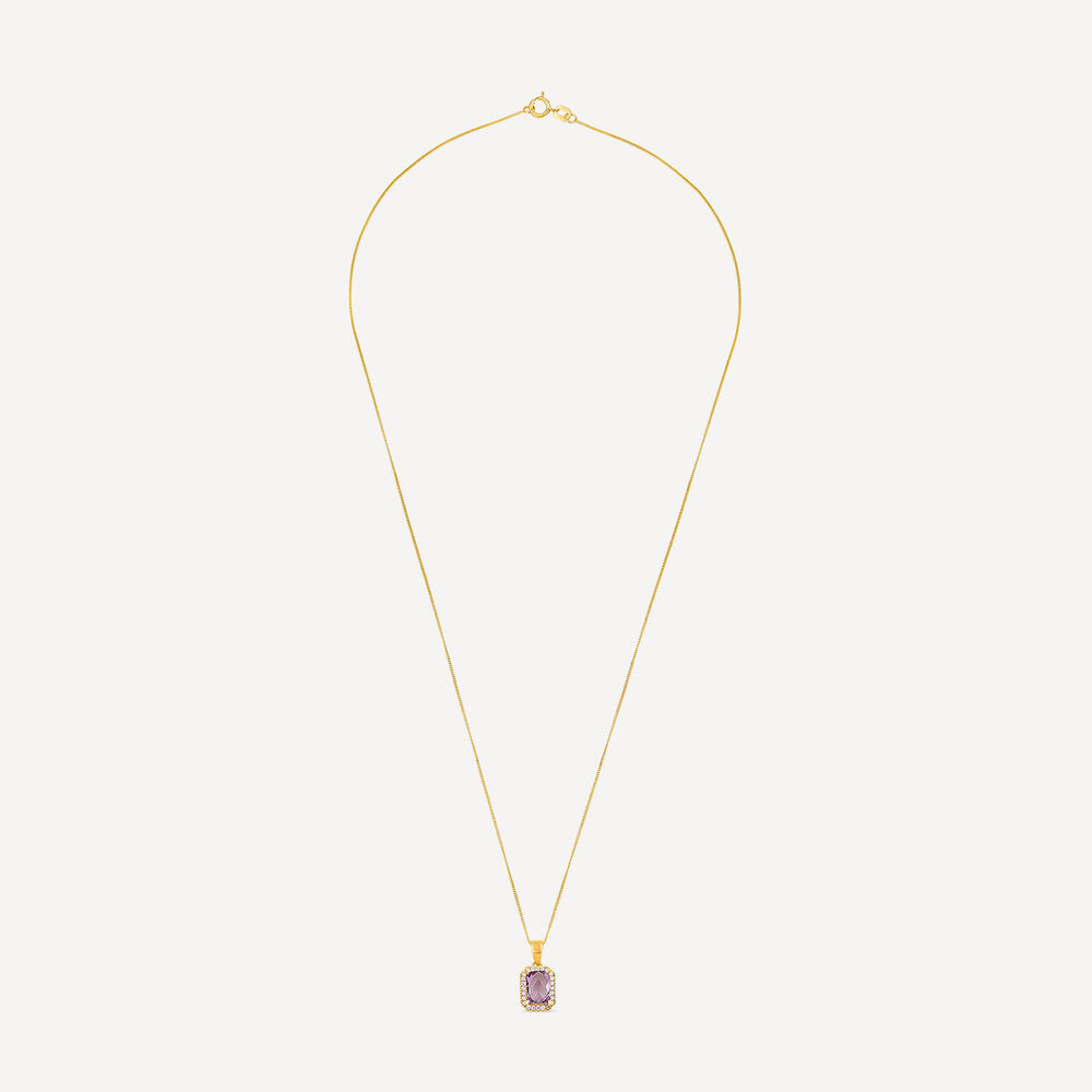 9ct Yellow Gold Rectangular Amethyst & Cubic Zirconia Frame Pendant image number 2
