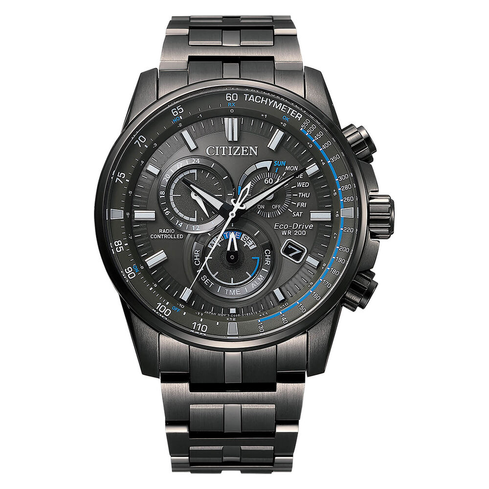 Citizen PCAT Eco Drive Worldtime Grey & Blue Chronograph Charcoal Bracelet Watch image number 0