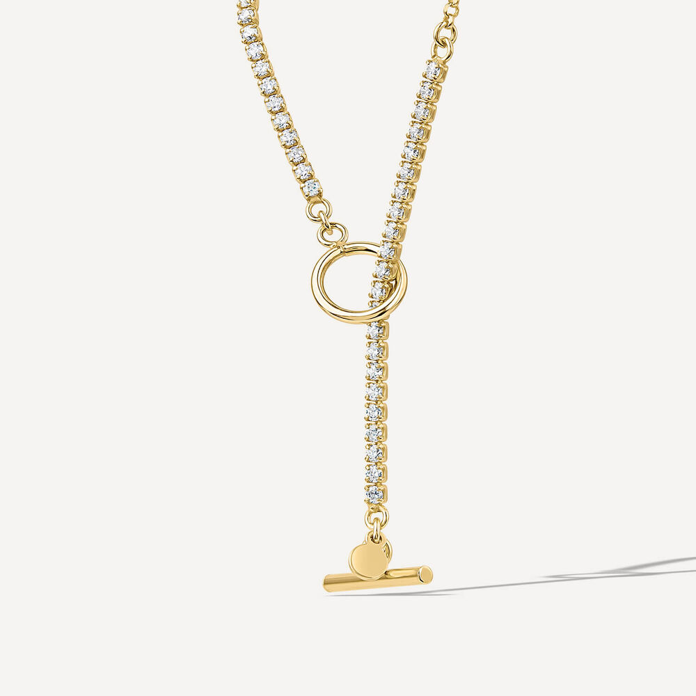 Sterling Silver & Yellow Gold Plated Half Cubic Zirconia Tennis Chain T-Bar Necklet