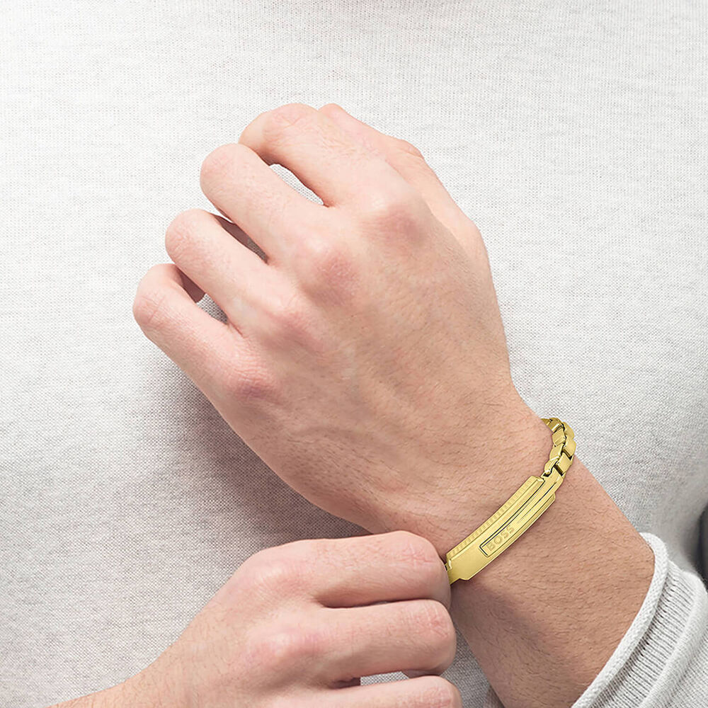 BOSS Orlado Yellow IP Chain & Plate Men's Bracelet