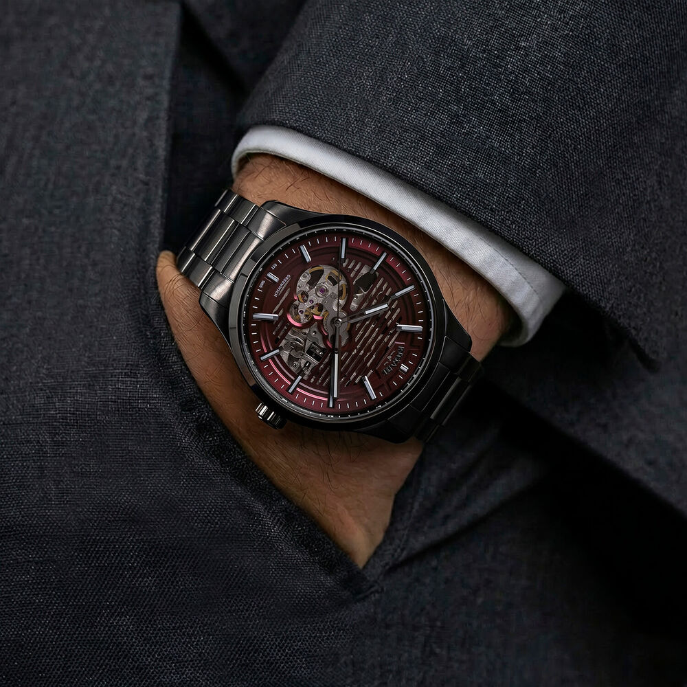 Rotary Greenwich Skeleton 42mm Red Dial Gunmetal Stainless Steel Bracelet Watch