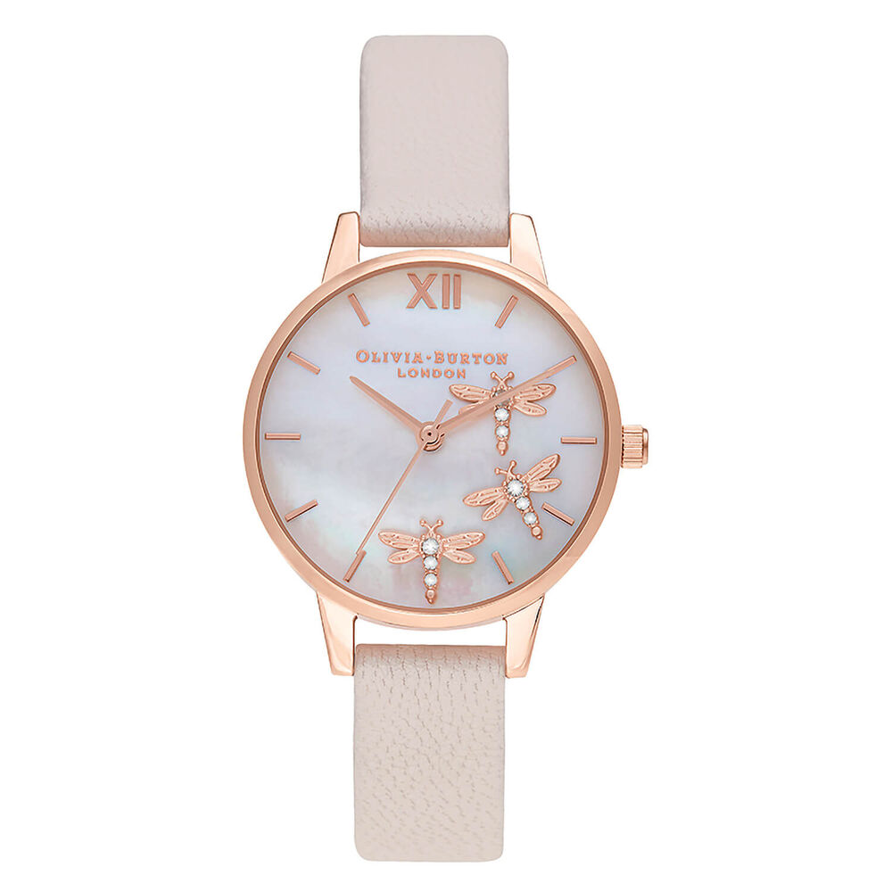 Olivia Burton Dancing Dragonfly Blush Faux Mother of Pearl Dial Peral Rose Gold IP Case Pink Leather Strap Watch