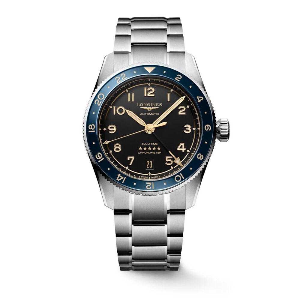 Longines Spirit Zulu Time 39mm Black Dial Blue Bezel Steel Bracelet Watch image number 0
