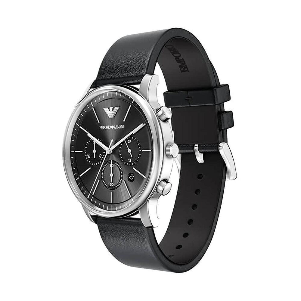 Emporio Armani Minimalist 42mm Black Dial Black Leather Strap Chronograph Watch