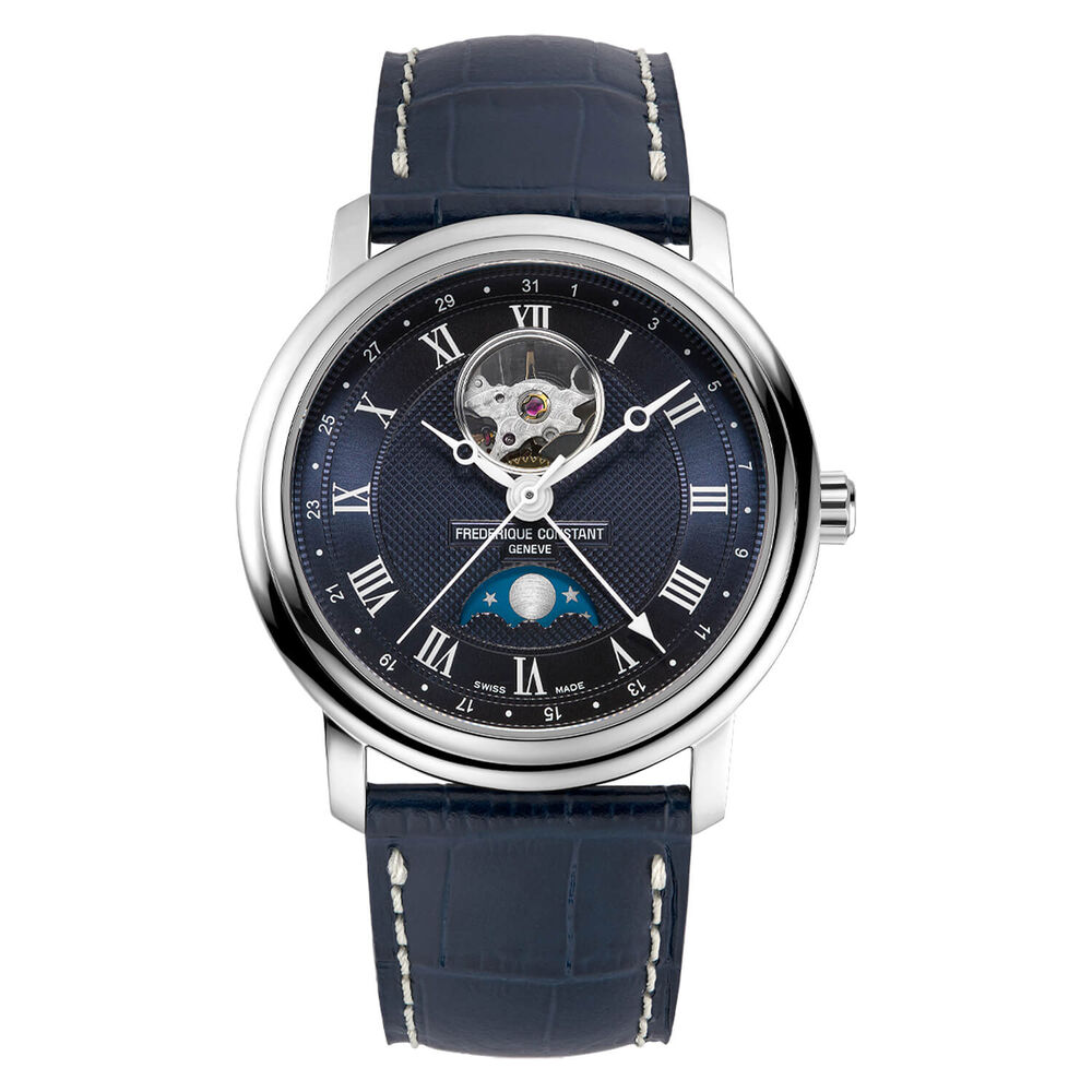 Frederique Constant Classics Heart Beat Moonphase Date 40mm Blue Dial Leather Strap Watch image number 0
