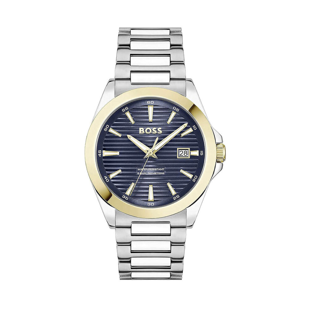 BOSS Strike 41mm Blue Dial Steel Bracelet Watch & Blue Leather Bracelet Gift Set image number 1
