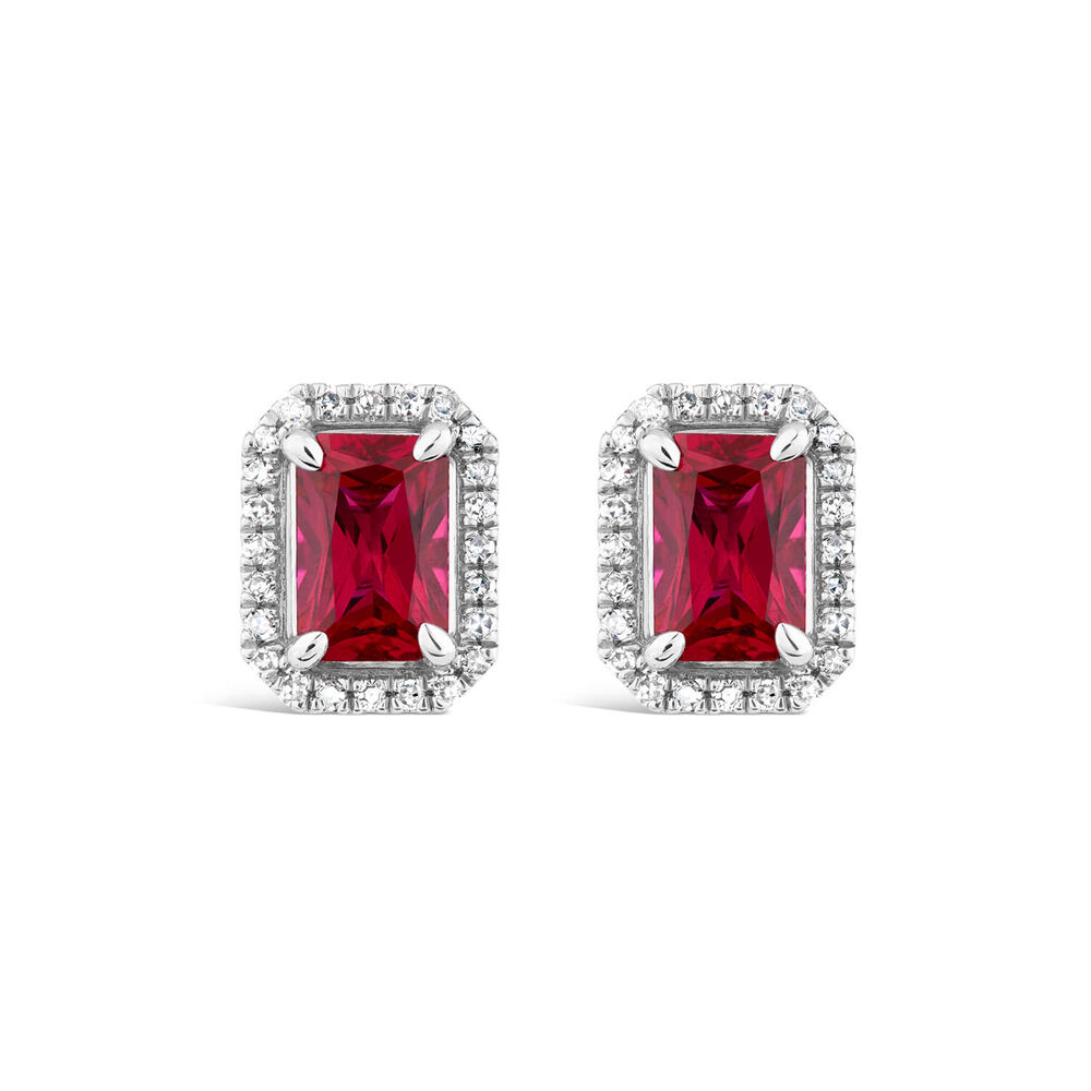 9ct White Gold Created Ruby And Diamond Rectangular Stud Earrings