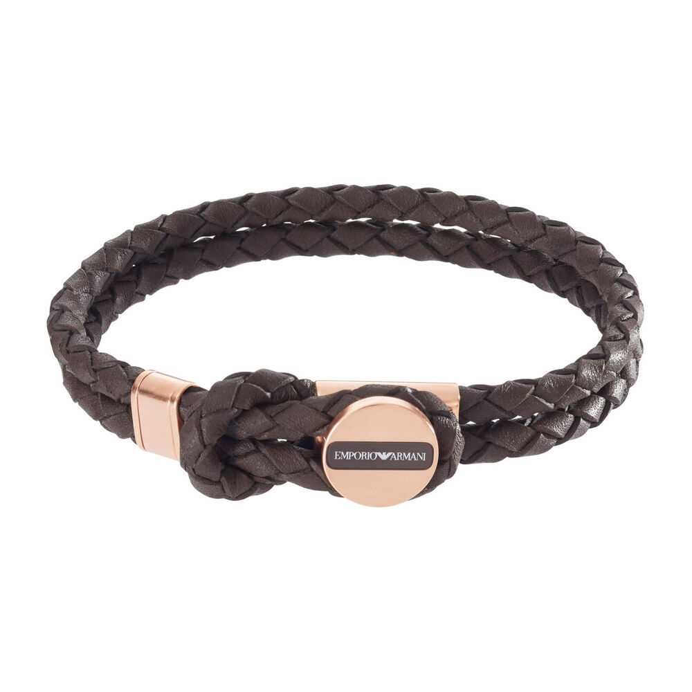 Emporio Armani Brown Leather & Rose Gold Men's Bracelet image number 0